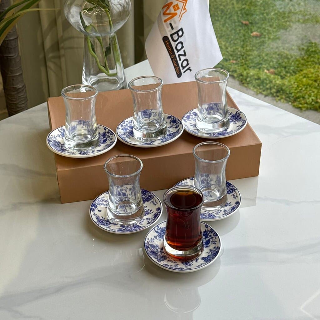 Glass Tea Cups with Blue Floral Saucers 1