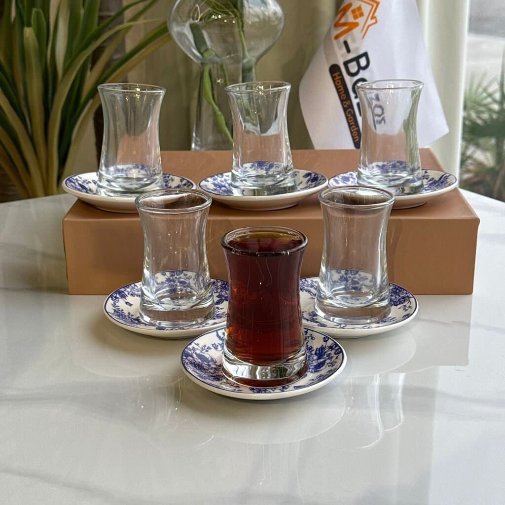Glass Tea Cups with Blue Floral Saucers 6