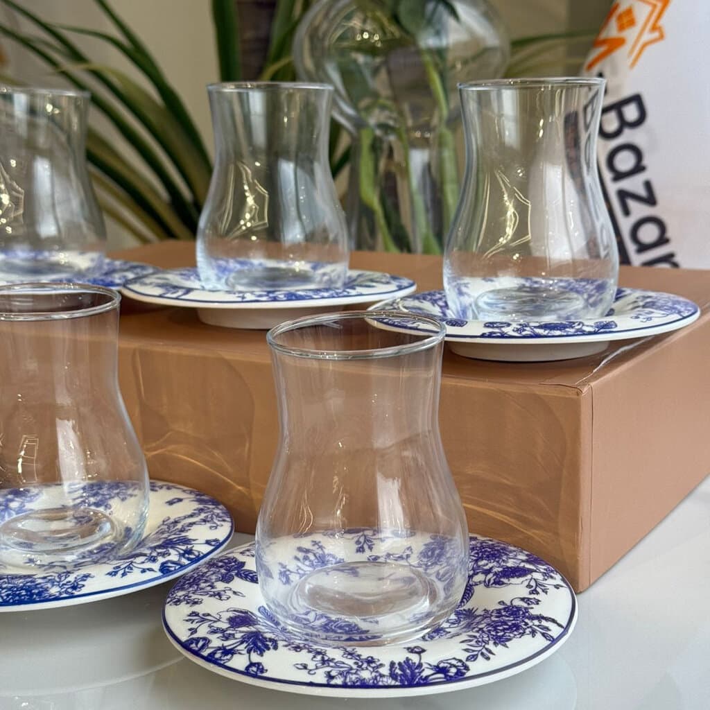 Elegant Blue Floral Saucer Tea Glass Set 6
