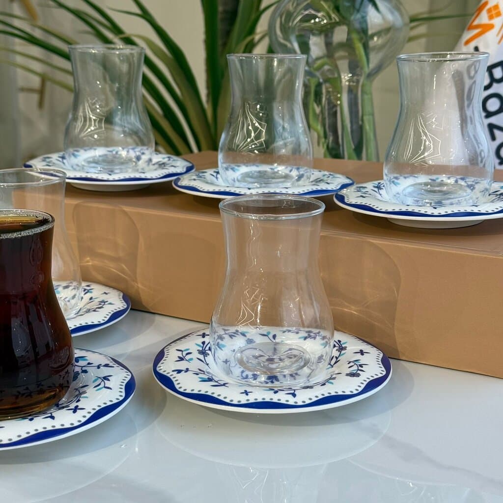 Blue Floral Saucer Tea Glass Set 3