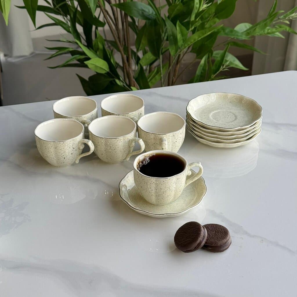 Classic Stoneware Coffee Cup & Saucer Set 6