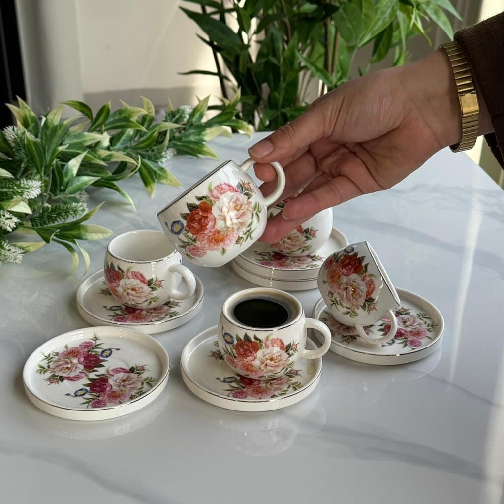 Floral Design Coffee Cup & Saucer Set 8