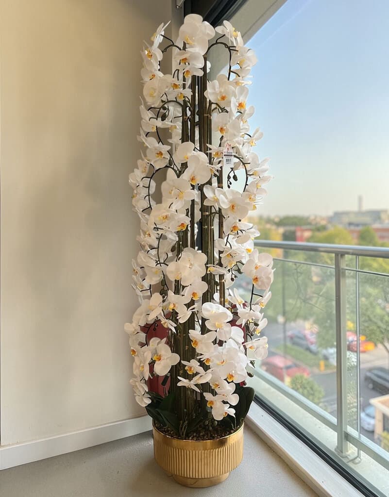 Luxury White Orchid Artificial Flower Arrangement with Gold Decorative Vase 1
