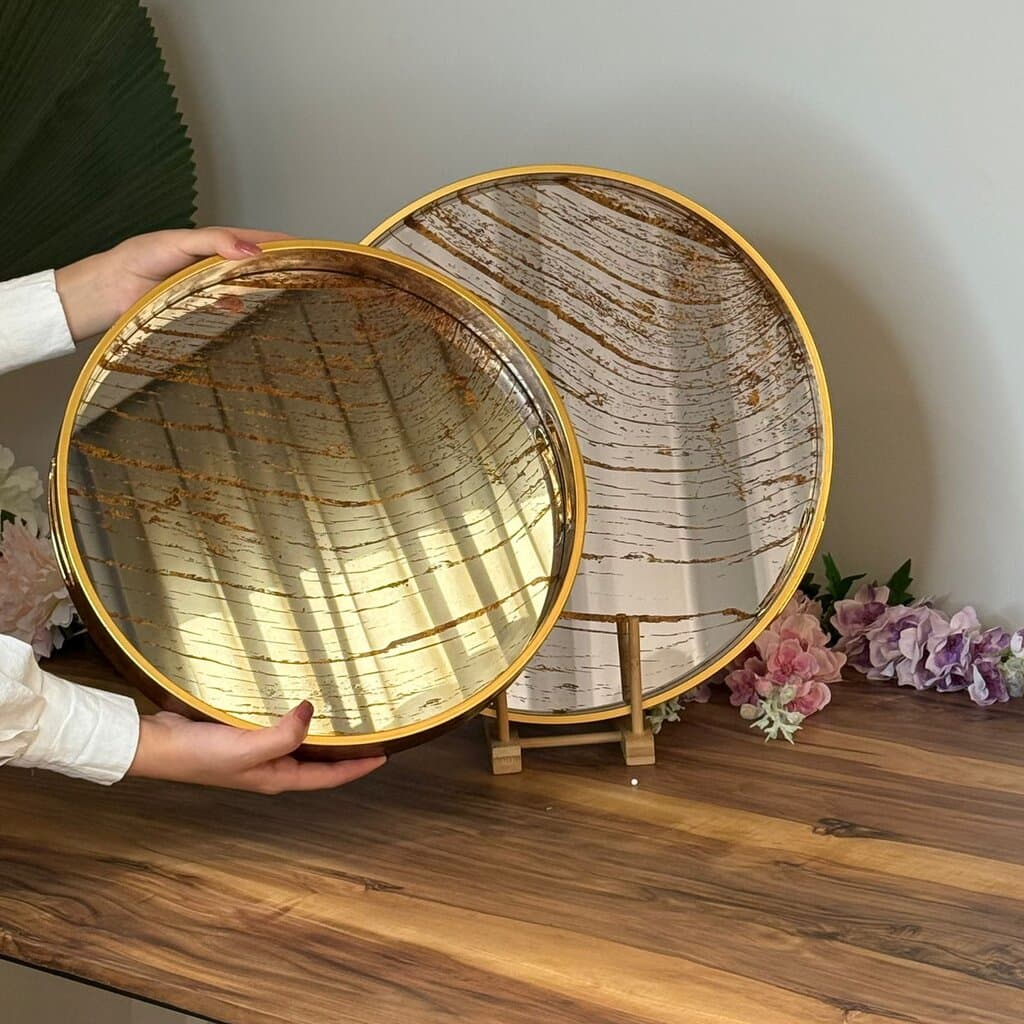 Golden Wave Round Mirror Serving & Decorative Tray 4