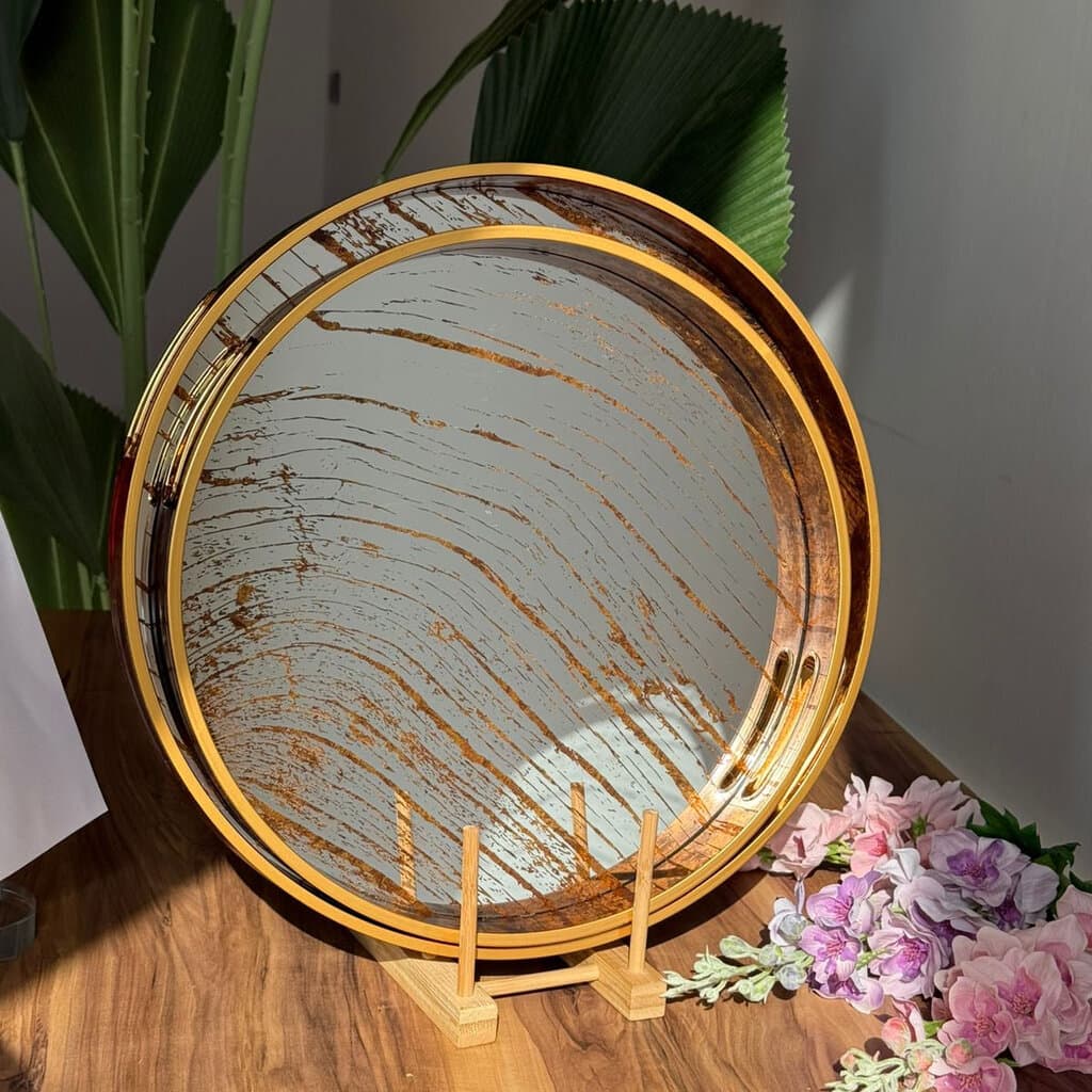 Golden Wave Round Mirror Serving & Decorative Tray 6