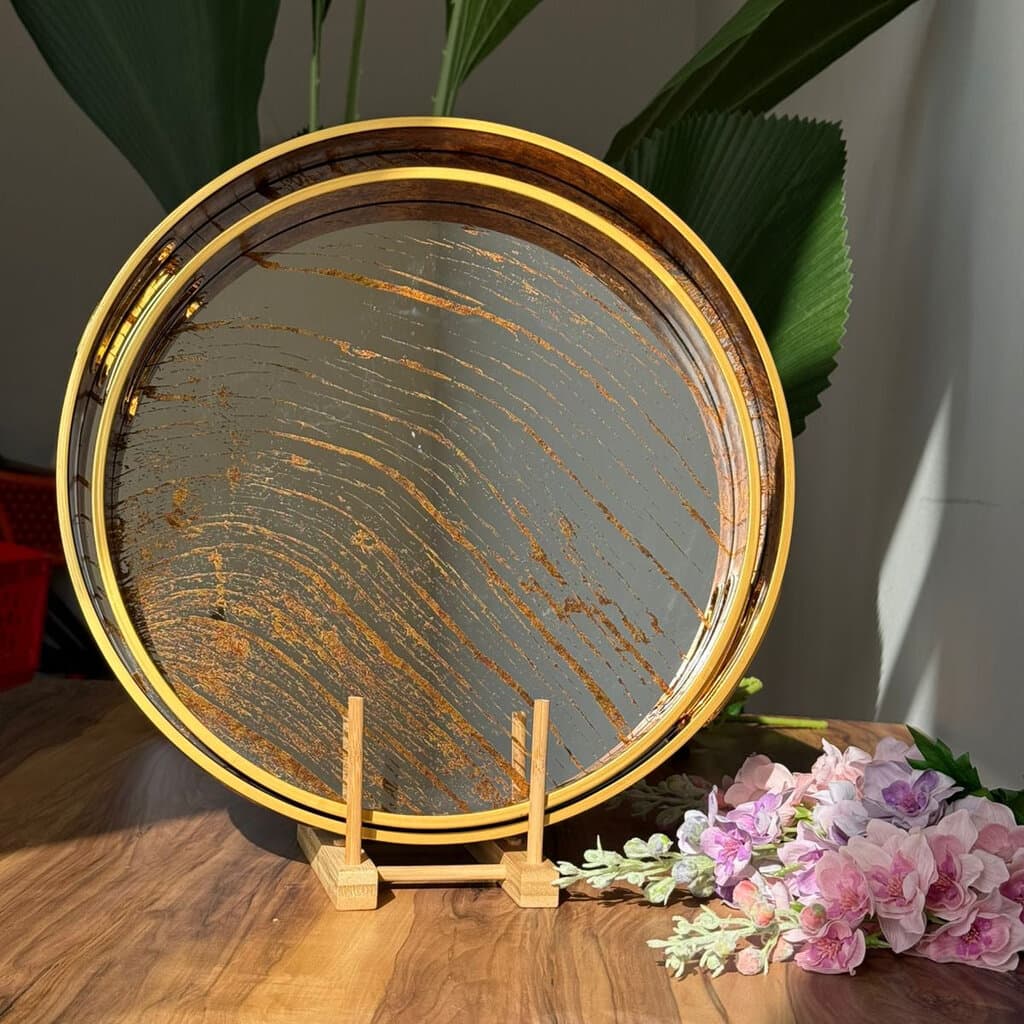 Golden Wave Round Mirror Serving & Decorative Tray 7