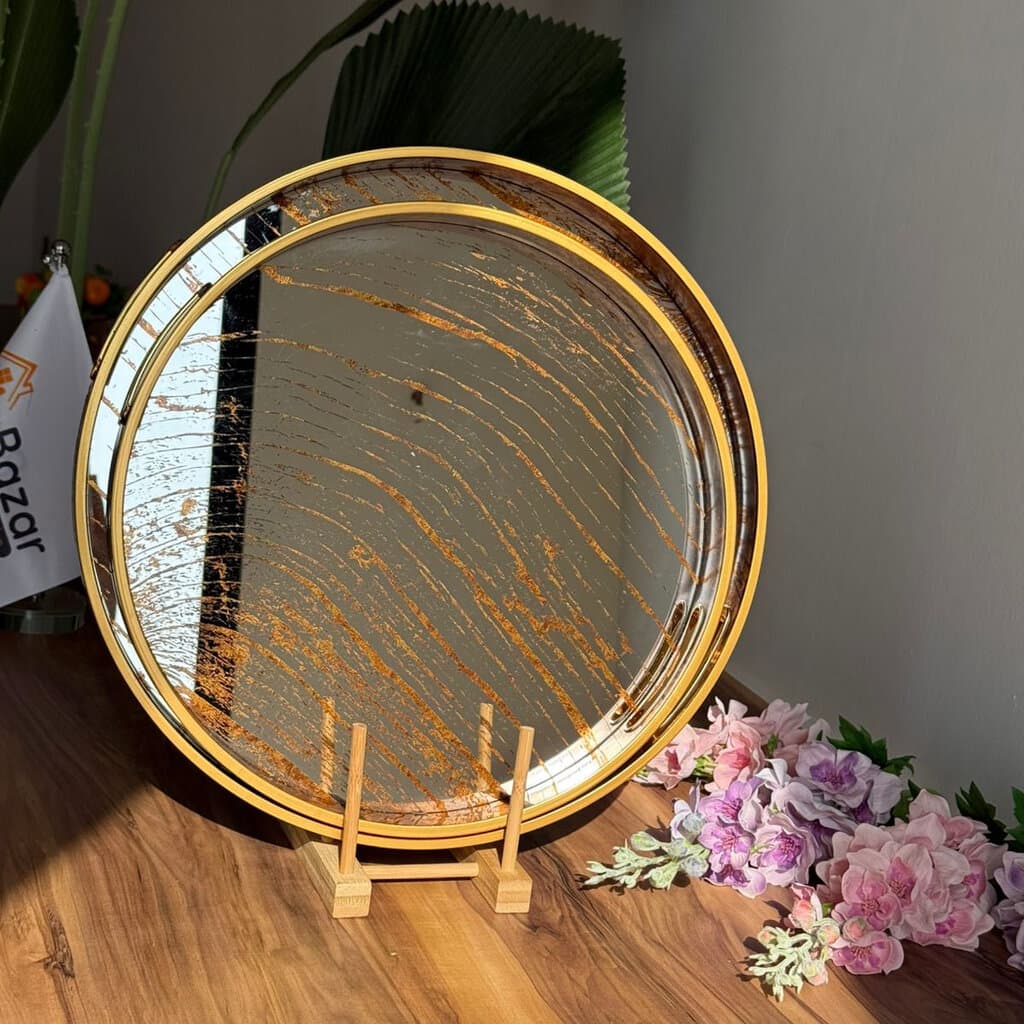 Golden Wave Round Mirror Serving & Decorative Tray 8