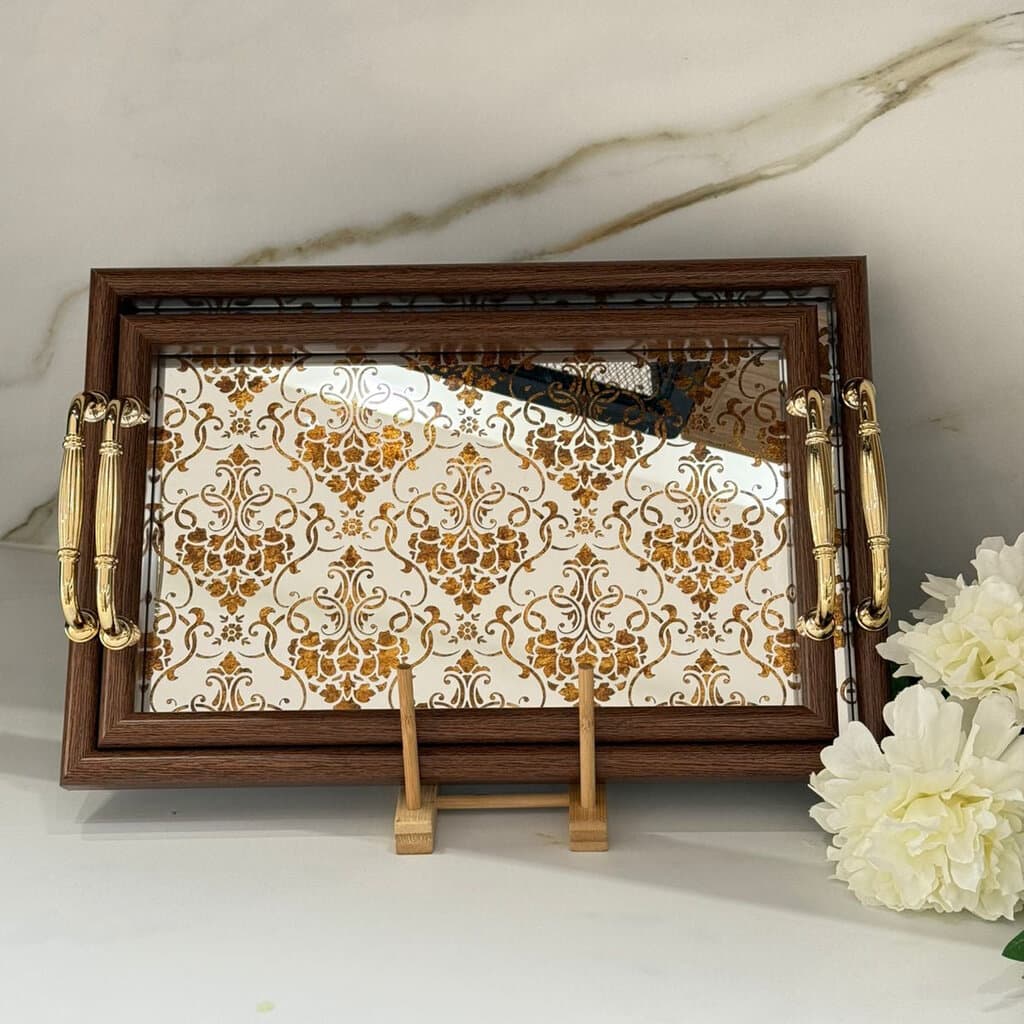 Golden Floral Mirror Tray With Wooden Frame - Dark Brown 3