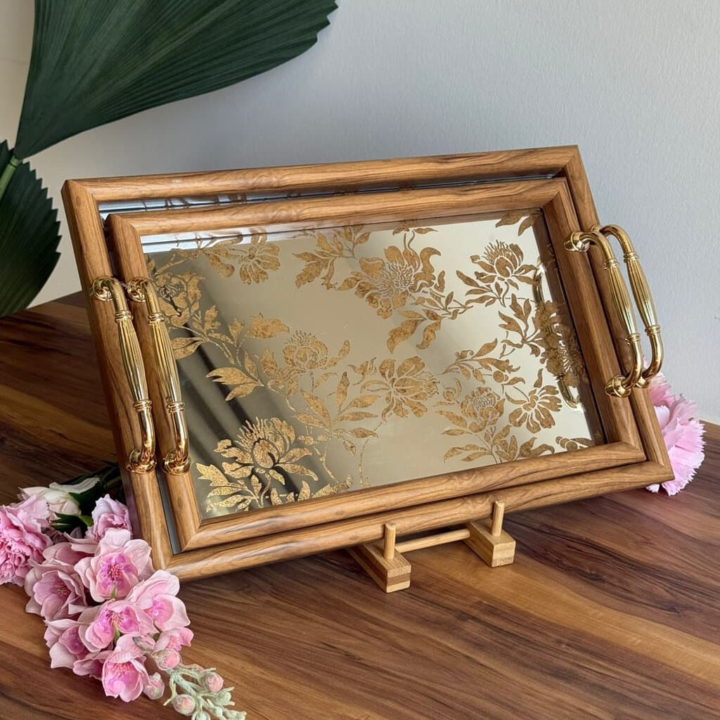 Golden Floral Mirror Tray With Wooden Frame 3
