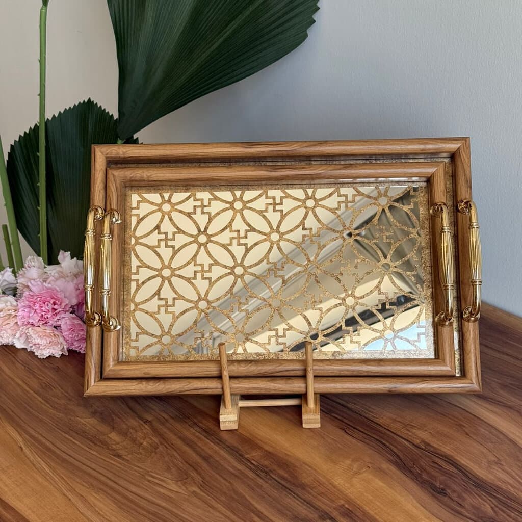 Classic Wooden Frame Mirror Tray With Handles 3