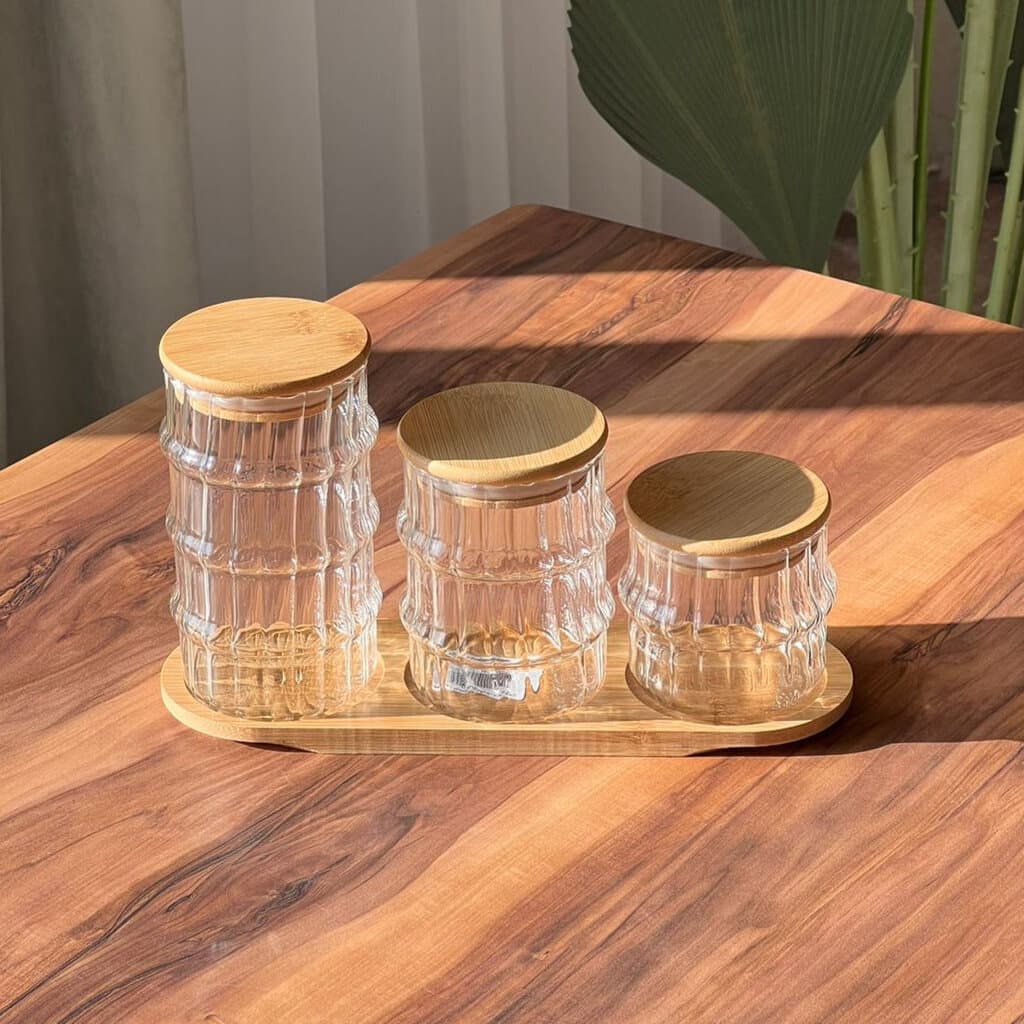 3Pcs Glass Wooden Lid Storage Jars with Tray 2