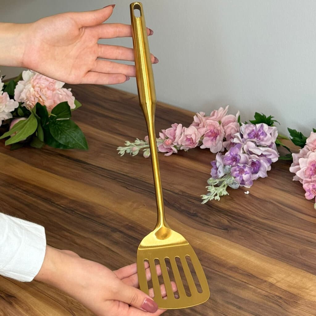 Elegant Gold Stainless Steel Cooking Utensil Set With Stand 8