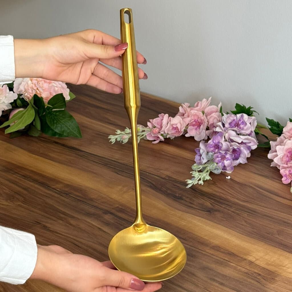 Elegant Gold Stainless Steel Cooking Utensil Set With Stand 4