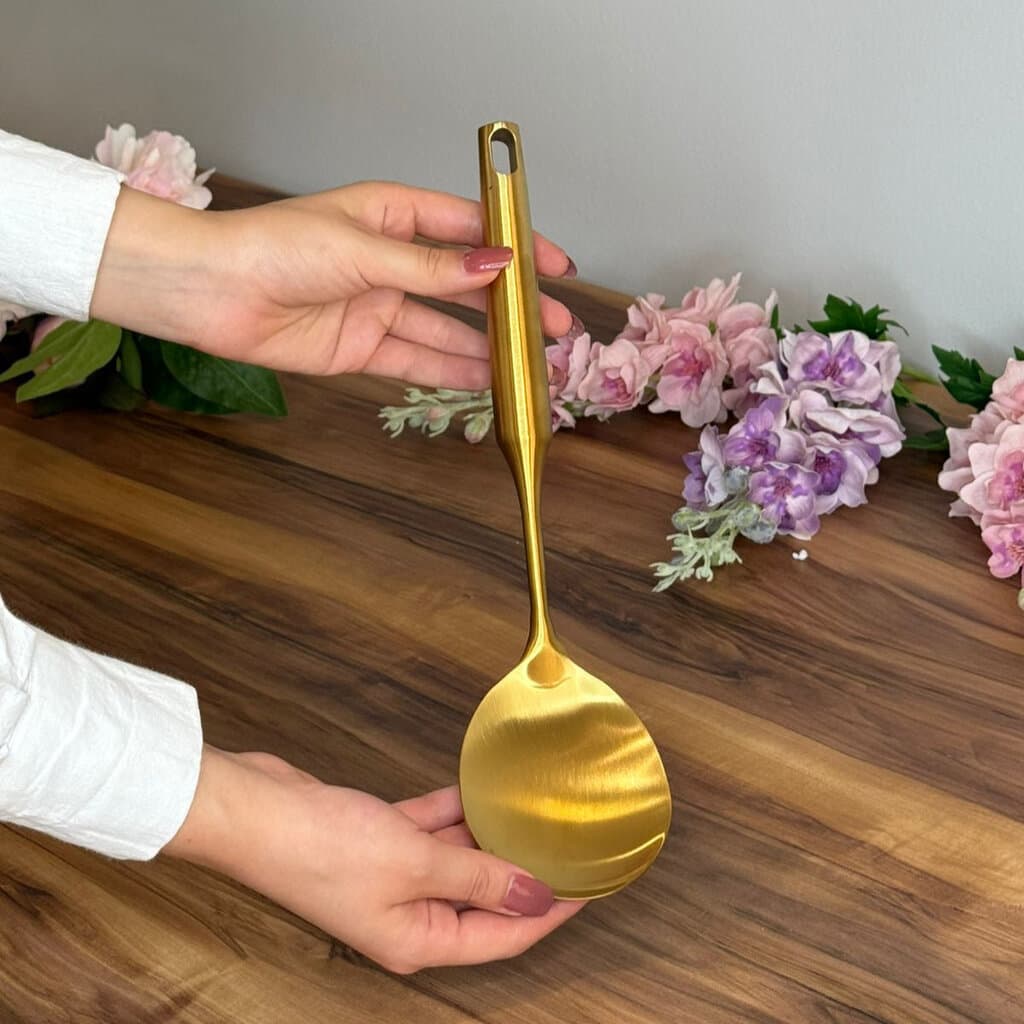 Elegant Gold Stainless Steel Cooking Utensil Set With Stand 6