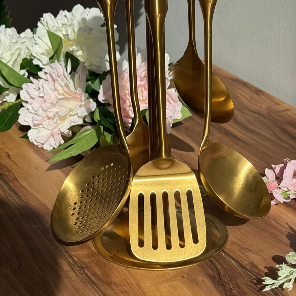 Elegant Gold Stainless Steel Cooking Utensil Set With Stand 16