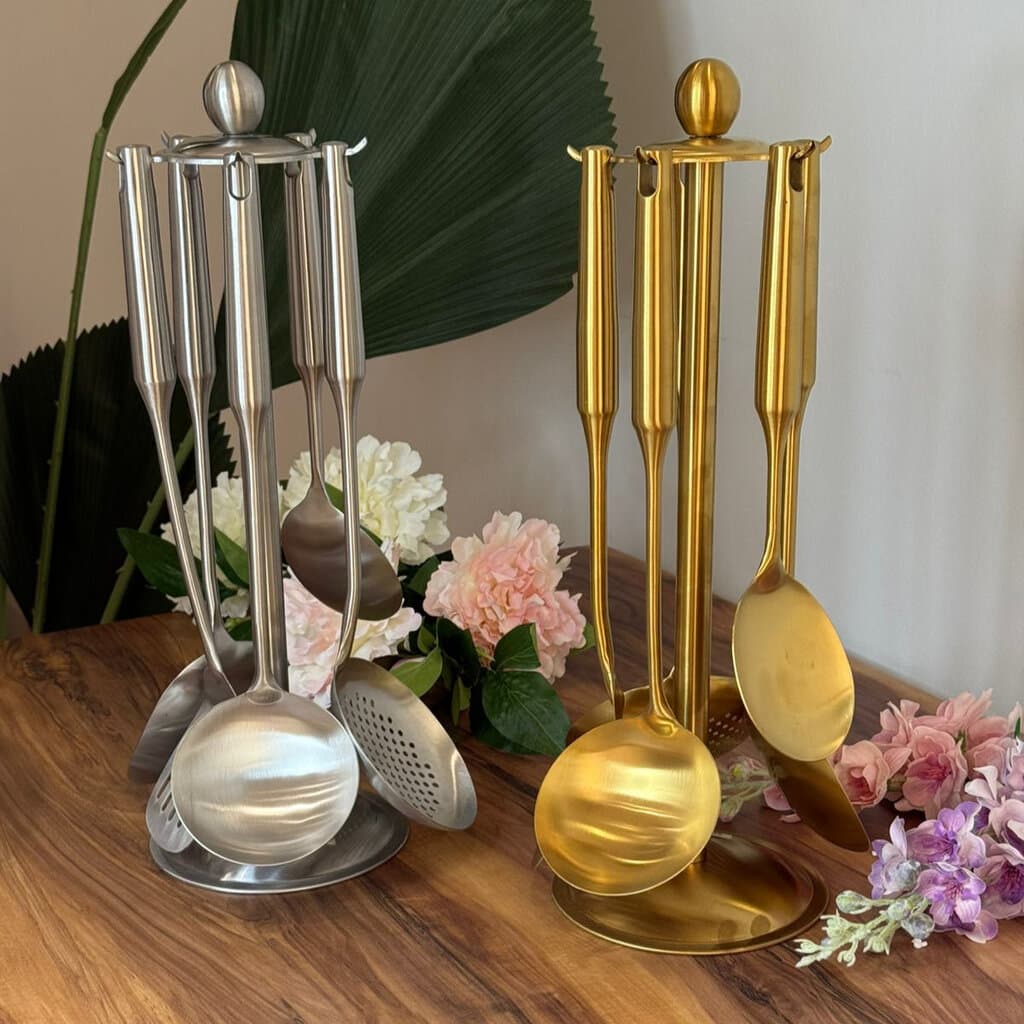Elegant Gold Stainless Steel Cooking Utensil Set With Stand 17