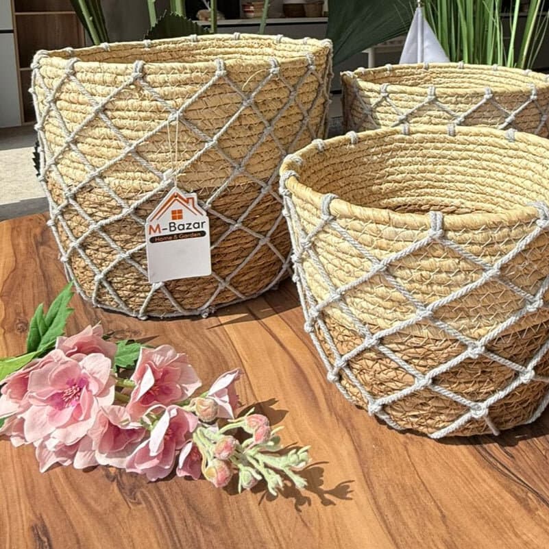 Woven Planter Baskets With Macrame Netting 3
