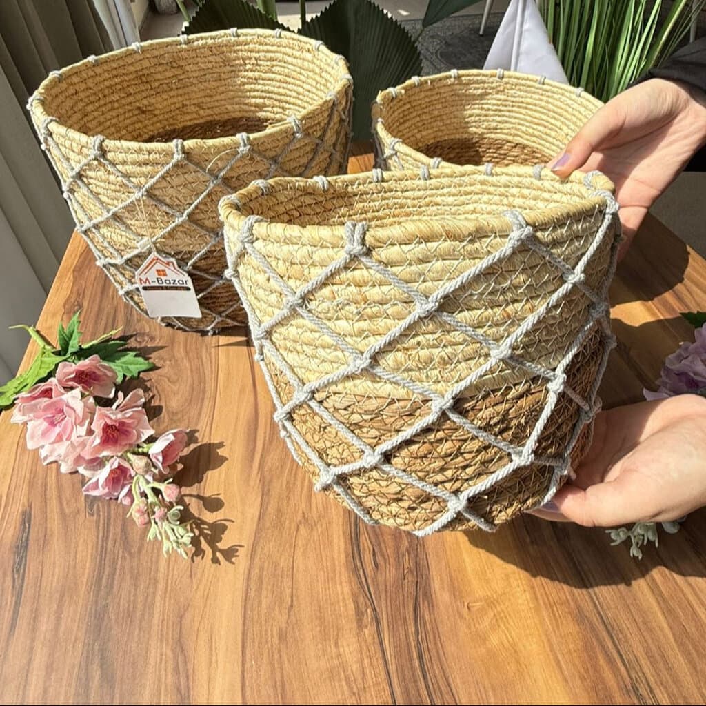 Woven Planter Baskets With Macrame Netting 6
