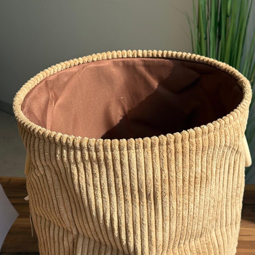 Corduroy Storage Basket with Wooden Ring Handles 8