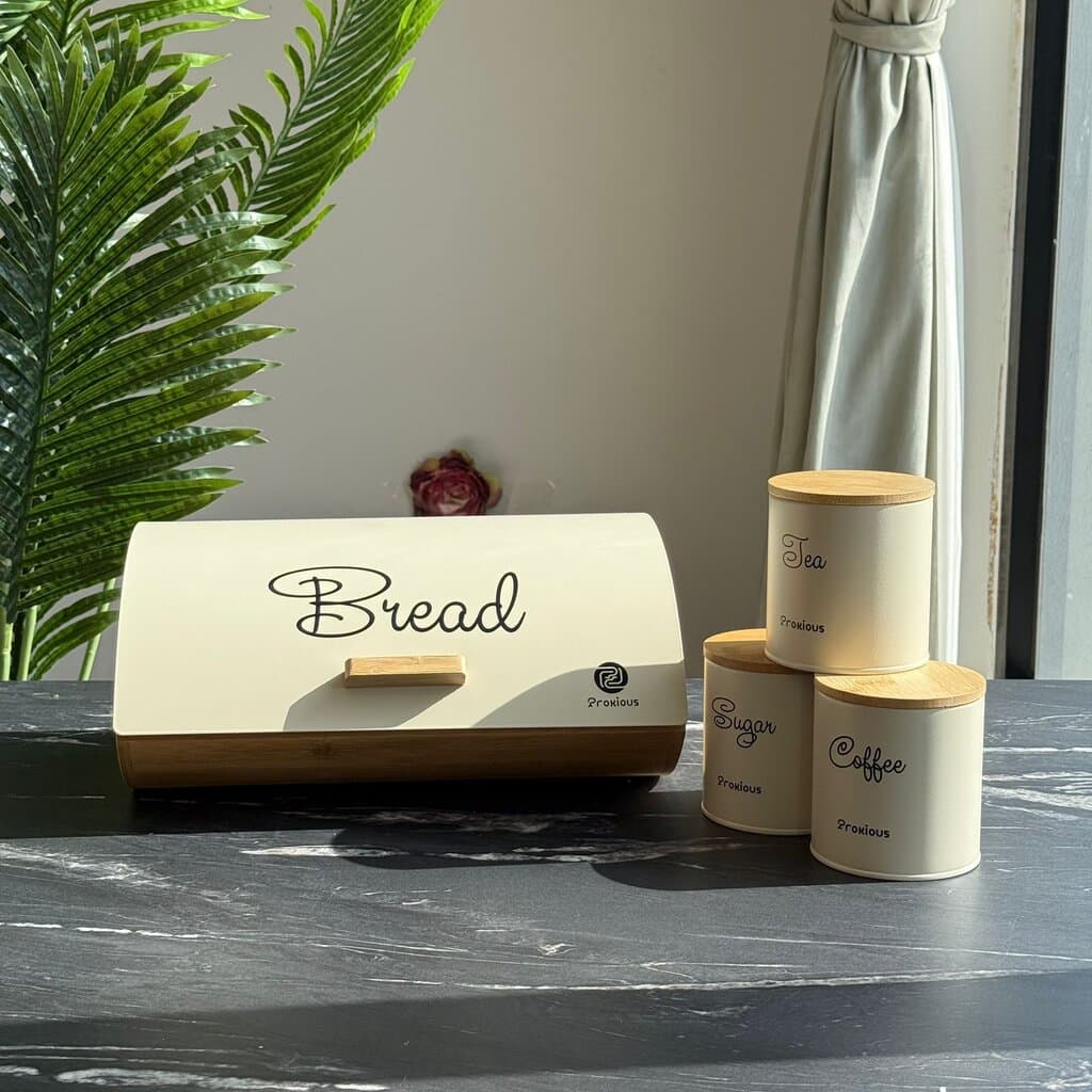 Modern Bread Bin with Storage Canister Set & Wooden Lid 1