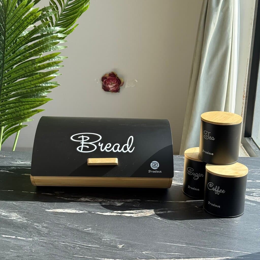 Modern Bread Bin with Storage Canister Set & Wooden Lid 2