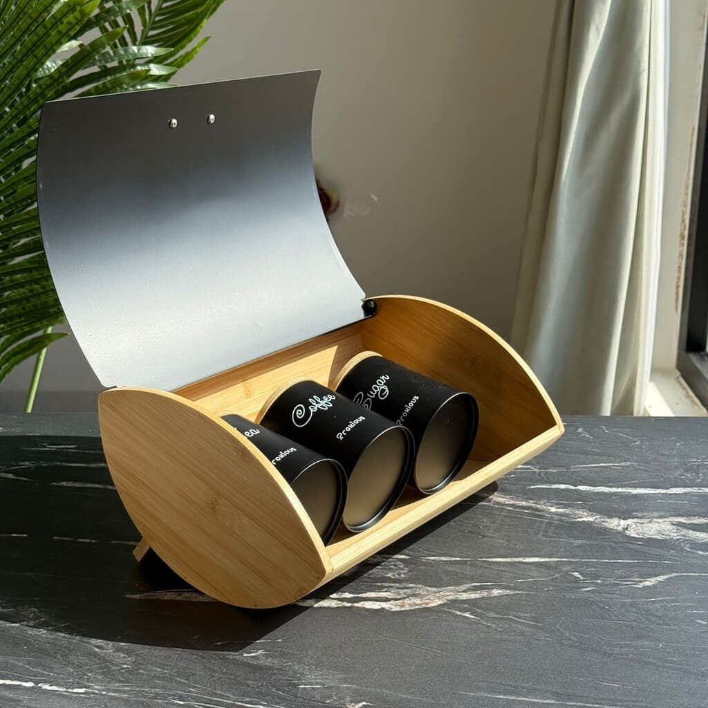 Modern Bread Bin with Storage Canister Set & Wooden Lid 3