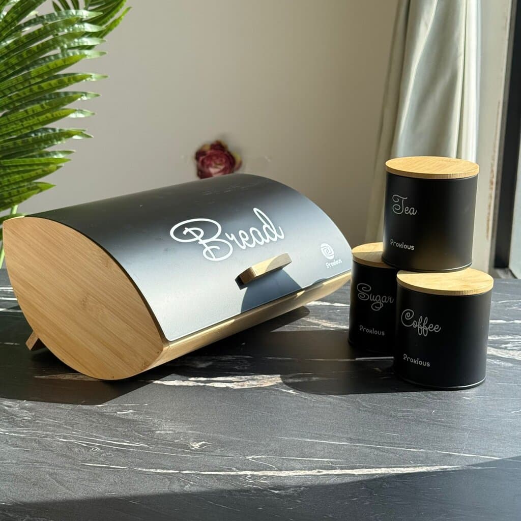Modern Bread Bin with Storage Canister Set & Wooden Lid 5
