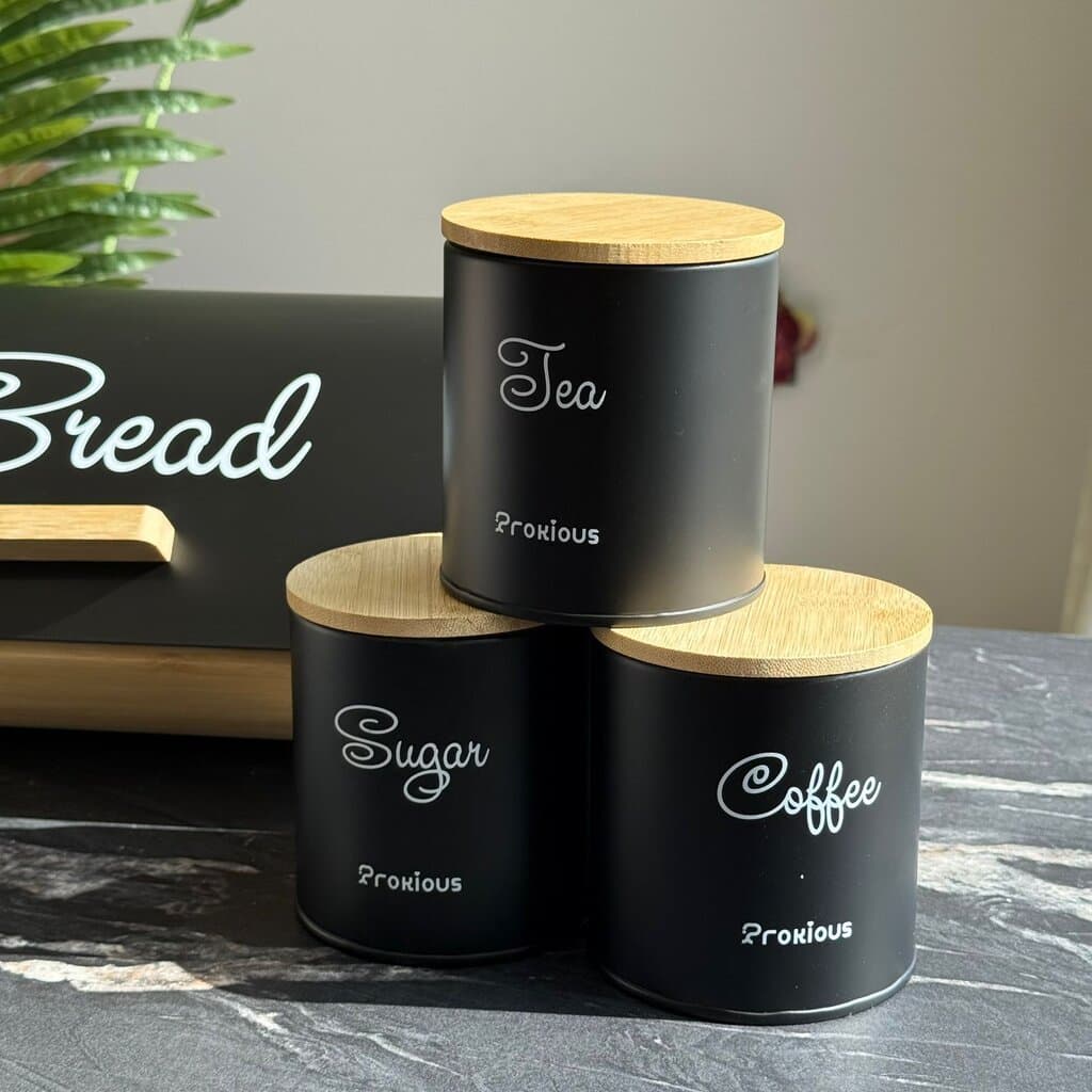Modern Bread Bin with Storage Canister Set & Wooden Lid 10