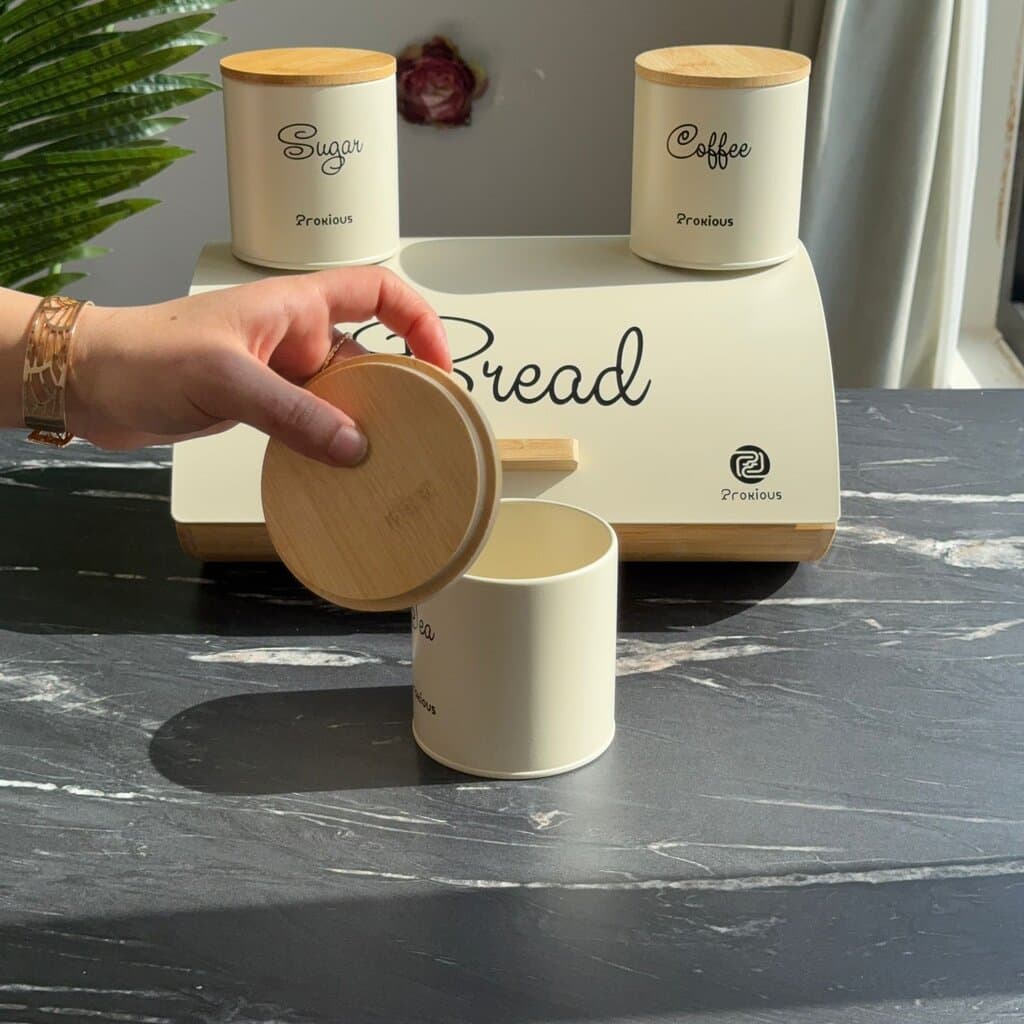 Modern Bread Bin with Storage Canister Set & Wooden Lid 12