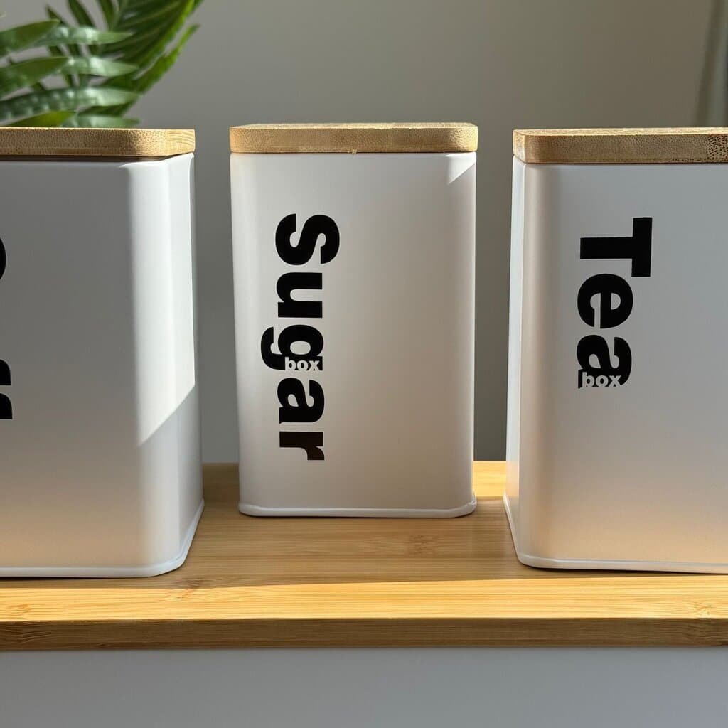 Modern Bread Bin with Storage Canister Set And Wooden Lid 2