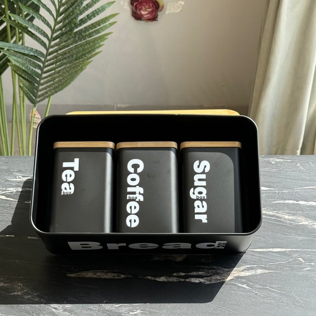 Modern Bread Bin with Storage Canister Set And Wooden Lid 9