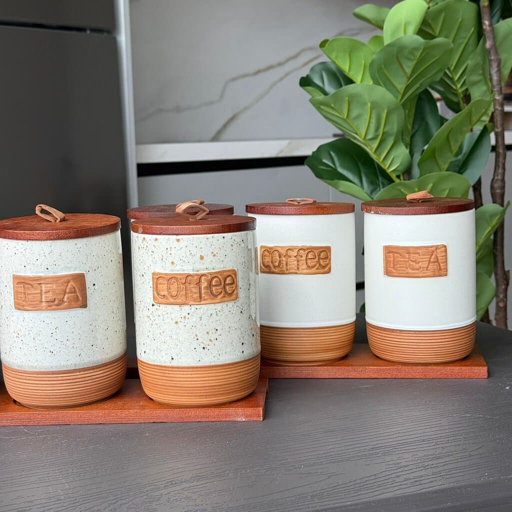 Luxury Ceramic Coffee, Sugar & Tea Storage Jar Set with Wooden Lids 2