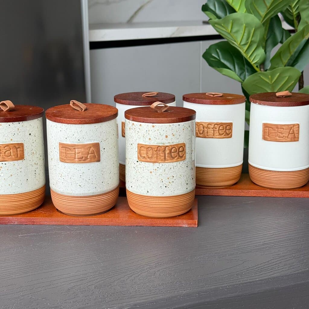 Luxury Ceramic Coffee, Sugar & Tea Storage Jar Set with Wooden Lids 3