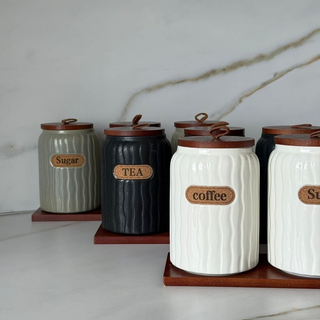 Elegant Ceramic Coffee, Sugar & Tea Storage Jar Set with Wooden Lids 2
