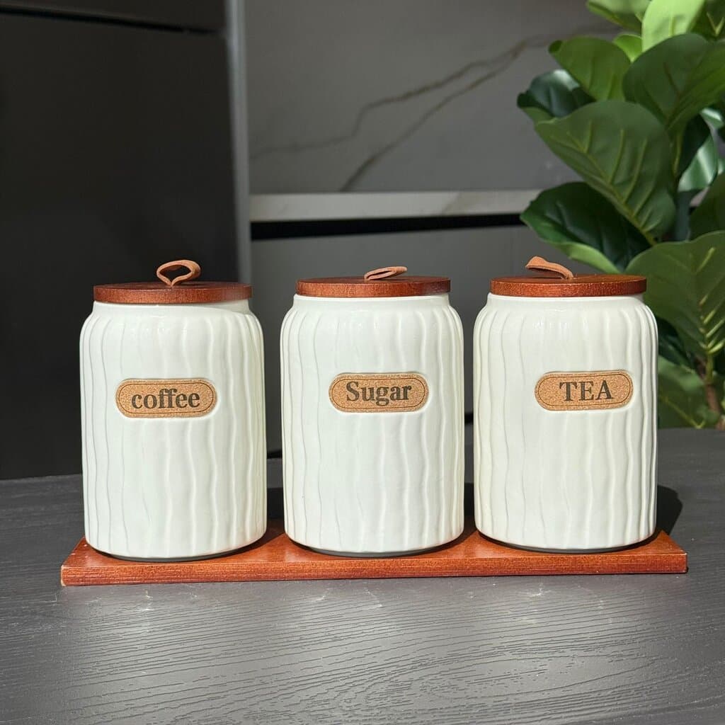 Elegant Ceramic Coffee, Sugar & Tea Storage Jar Set with Wooden Lids 1