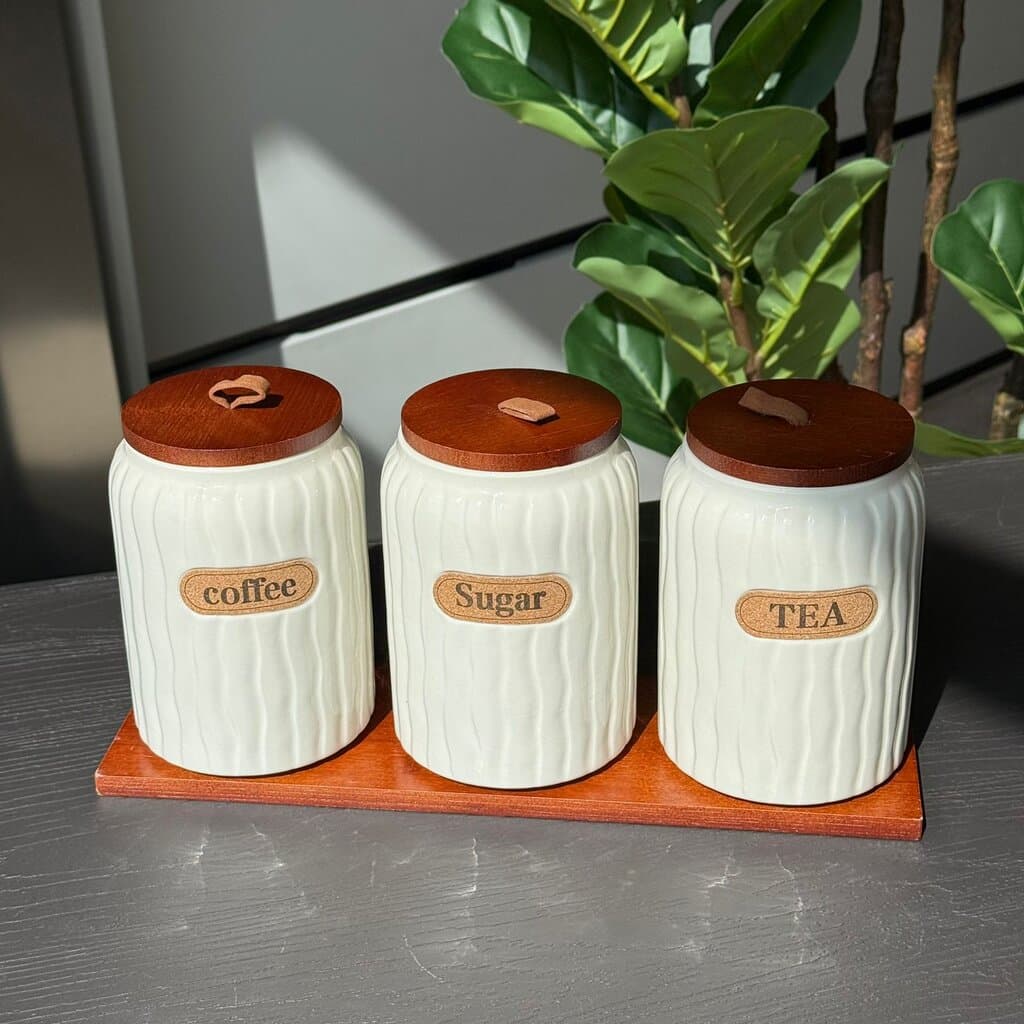 Elegant Ceramic Coffee, Sugar & Tea Storage Jar Set with Wooden Lids 5