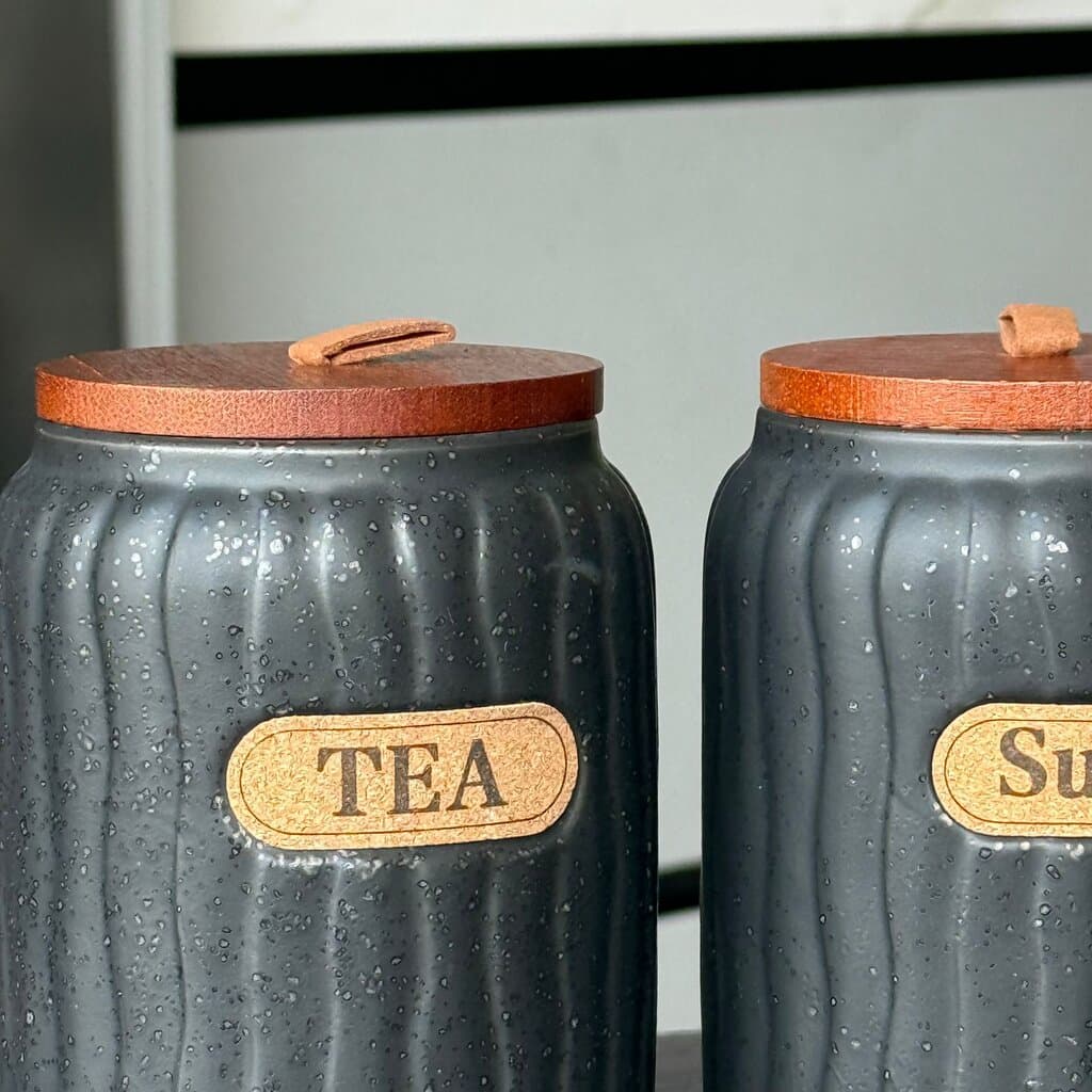 Elegant Ceramic Coffee, Sugar & Tea Storage Jar Set with Wooden Lids 9