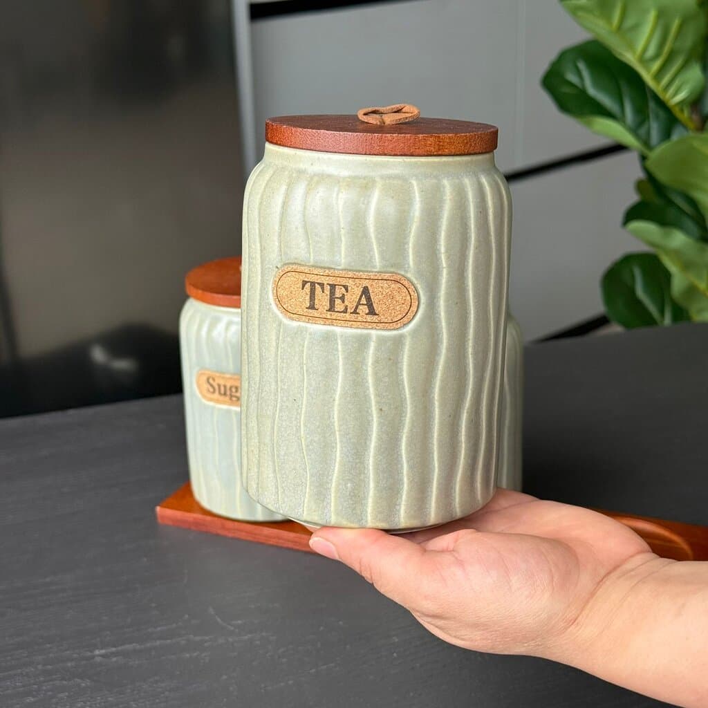 Elegant Ceramic Coffee, Sugar & Tea Storage Jar Set with Wooden Lids 11