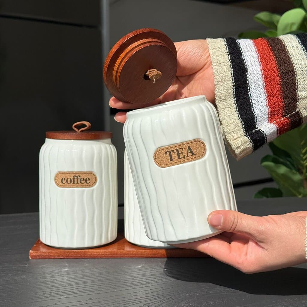 Elegant Ceramic Coffee, Sugar & Tea Storage Jar Set with Wooden Lids 3