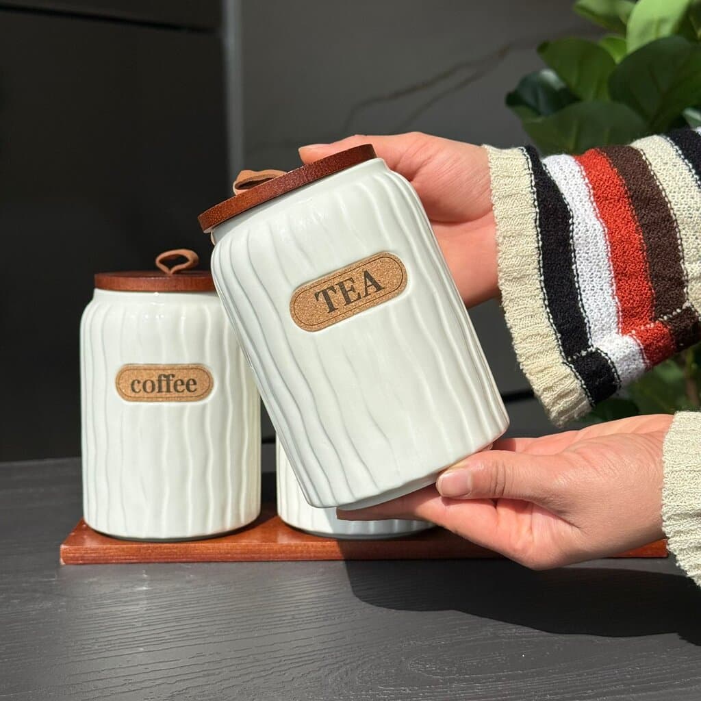 Elegant Ceramic Coffee, Sugar & Tea Storage Jar Set with Wooden Lids 4