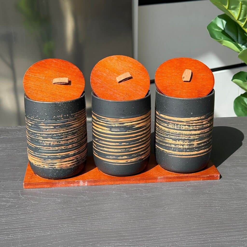 Elegant Ceramic Storage Jar Set with Wooden Lids & Stand 3