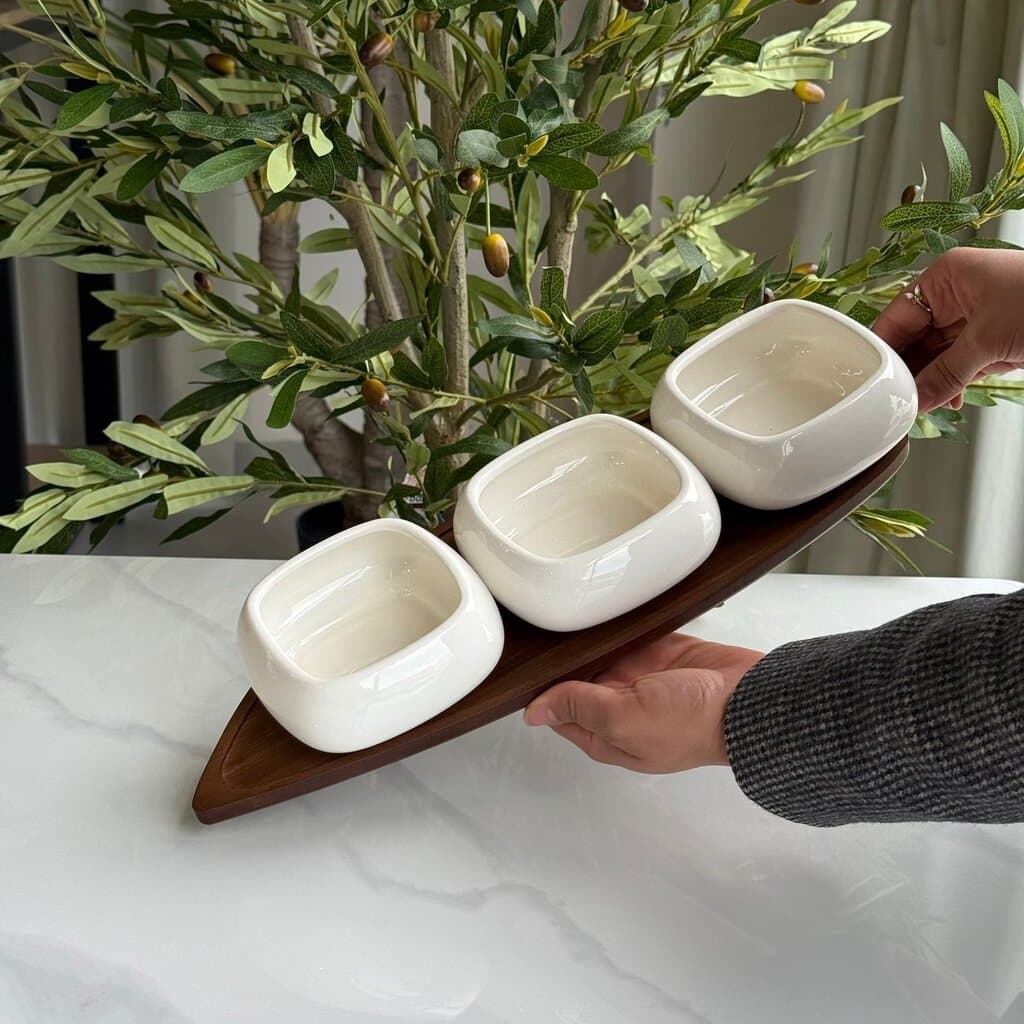 3-Piece Luxury Serving Bowl Set with Wooden Serving Stand 5