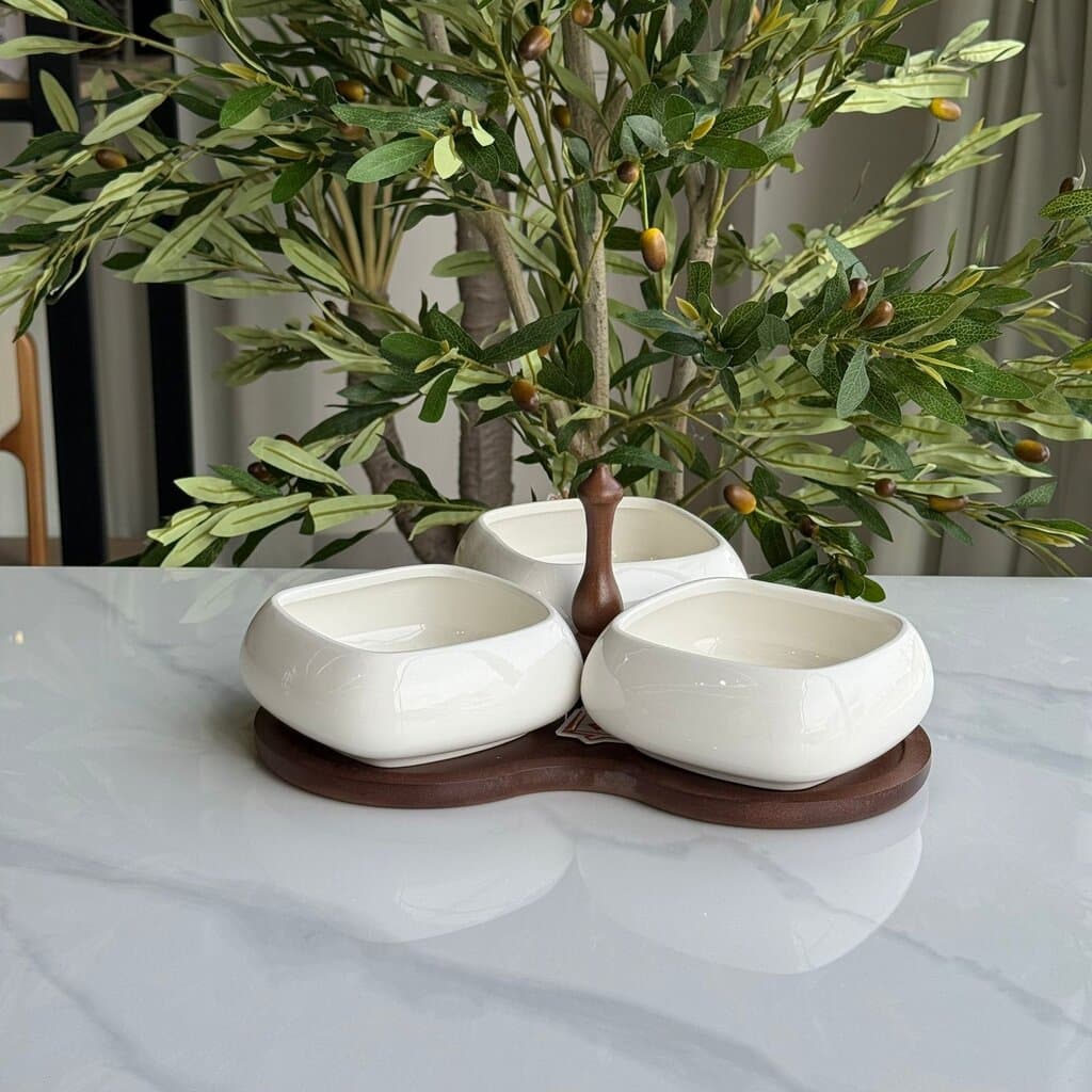 3-Piece Ceramic Serving Bowl Set with Wooden Serving Stand 3