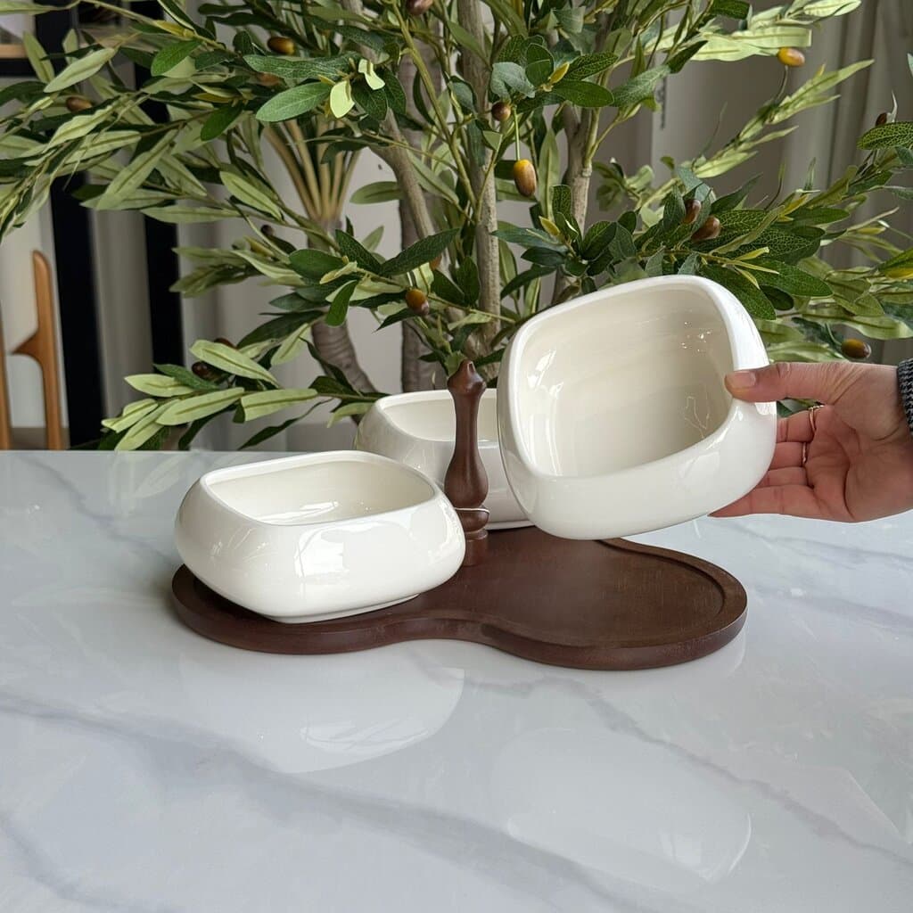3-Piece Ceramic Serving Bowl Set with Wooden Serving Stand 4