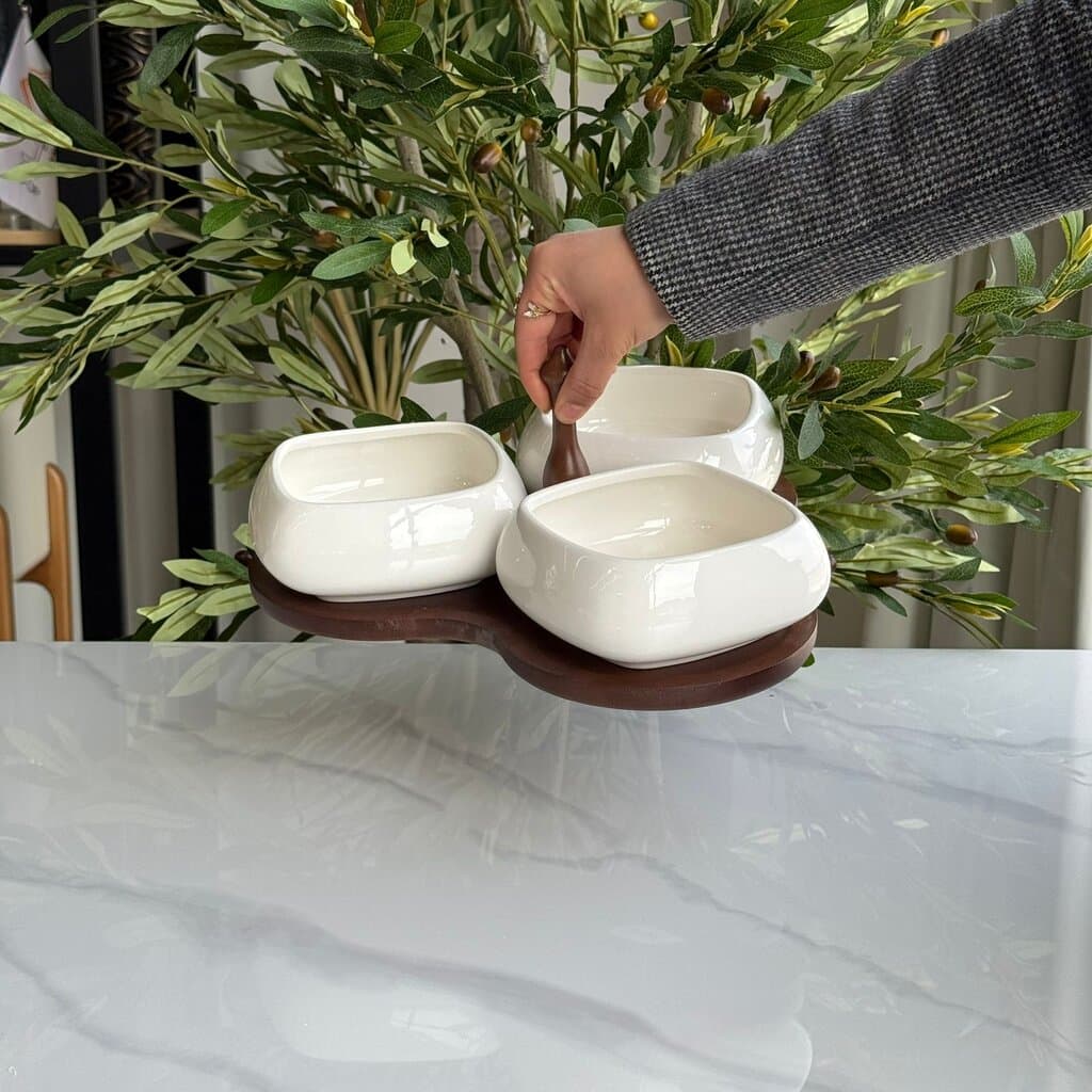 3-Piece Ceramic Serving Bowl Set with Wooden Serving Stand 5