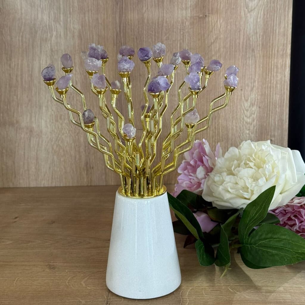 Modern Gemstone Decor With Gold-Plated Branches and Ceramic Stand 1