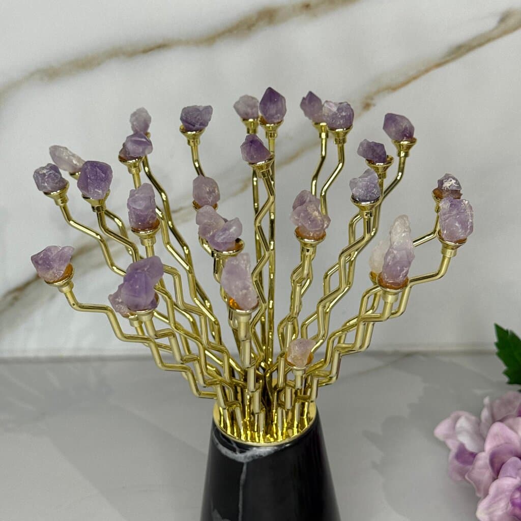 Modern Gemstone Decor With Gold-Plated Branches and Ceramic Stand 4