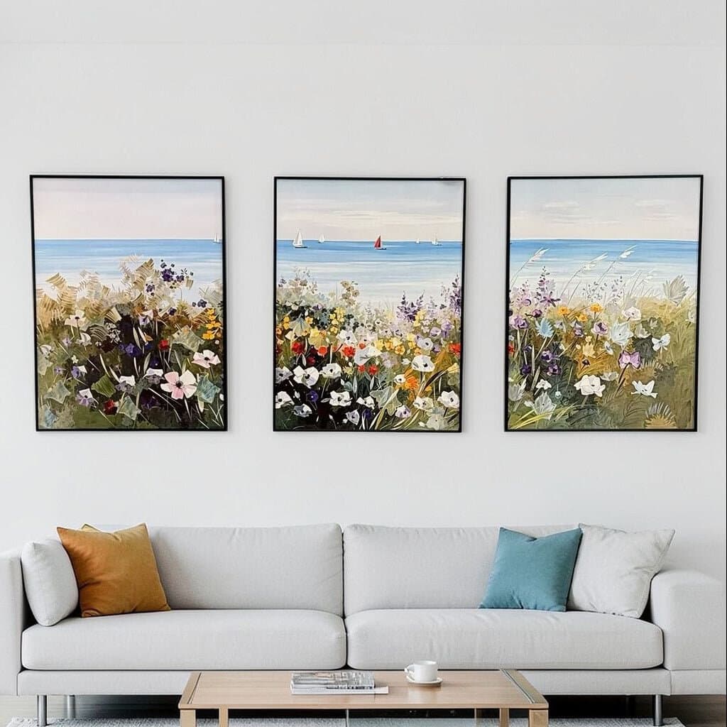 3 Pieces – Coastal Floral Landscape Framed Wall Art Set 1
