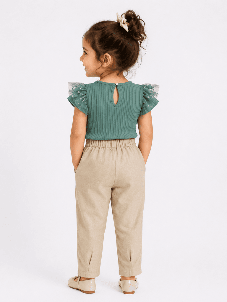 Obella Girls' Cotton Ribbed Top and Loose-Fit Pant Set - Sage Green (7 years) 2