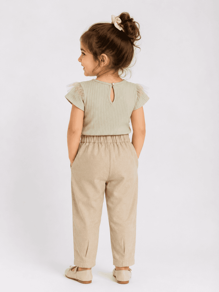 Obella Girls' Cotton Ribbed Top and Loose-Fit Pant Set - Beige (7 years) 2